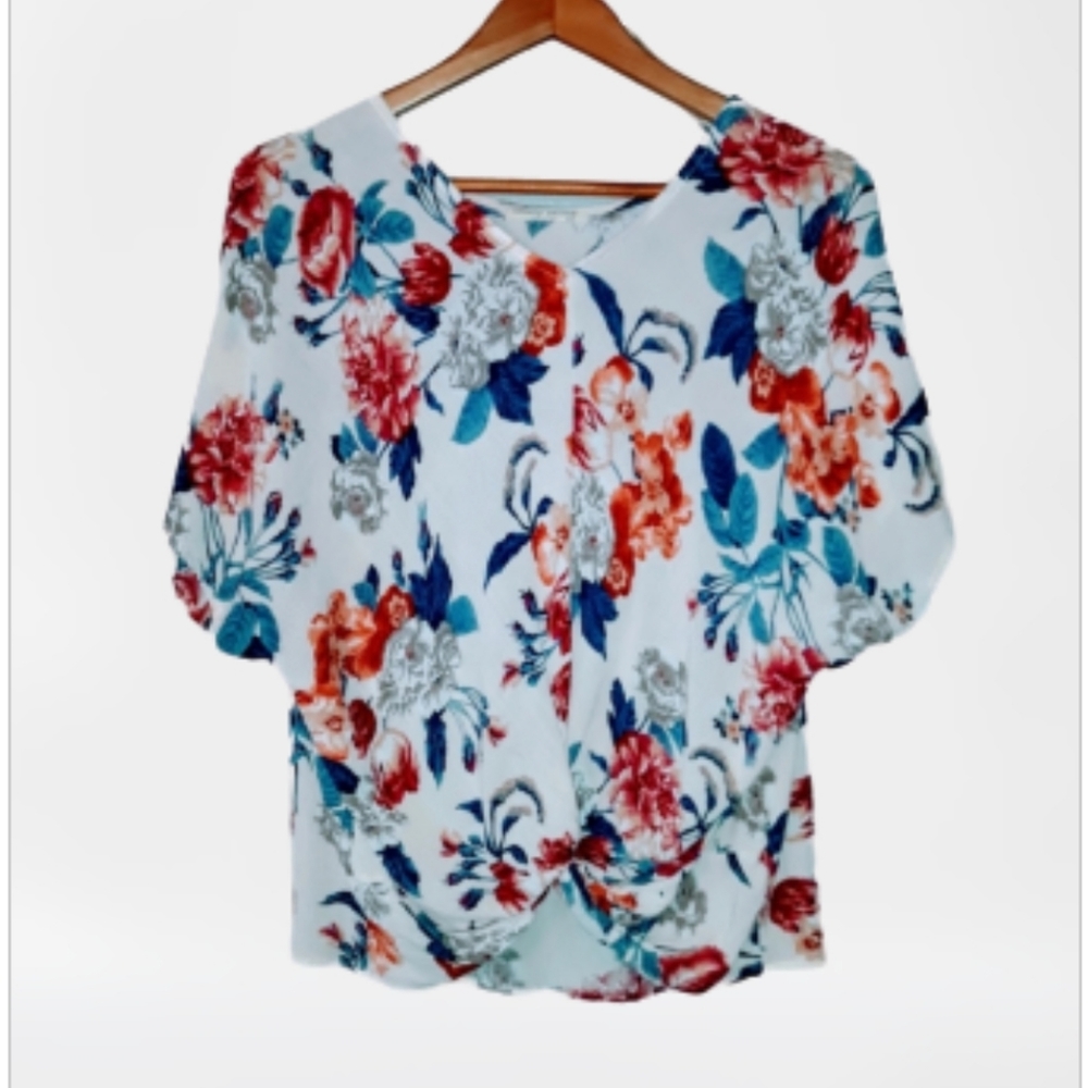 Floral Top Blouse Twist Front Small